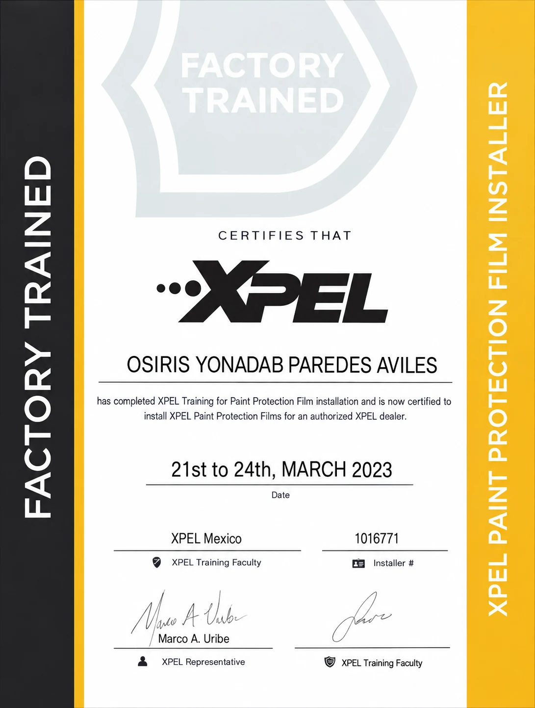 Certificación XPEL Paint Protection Film Installer